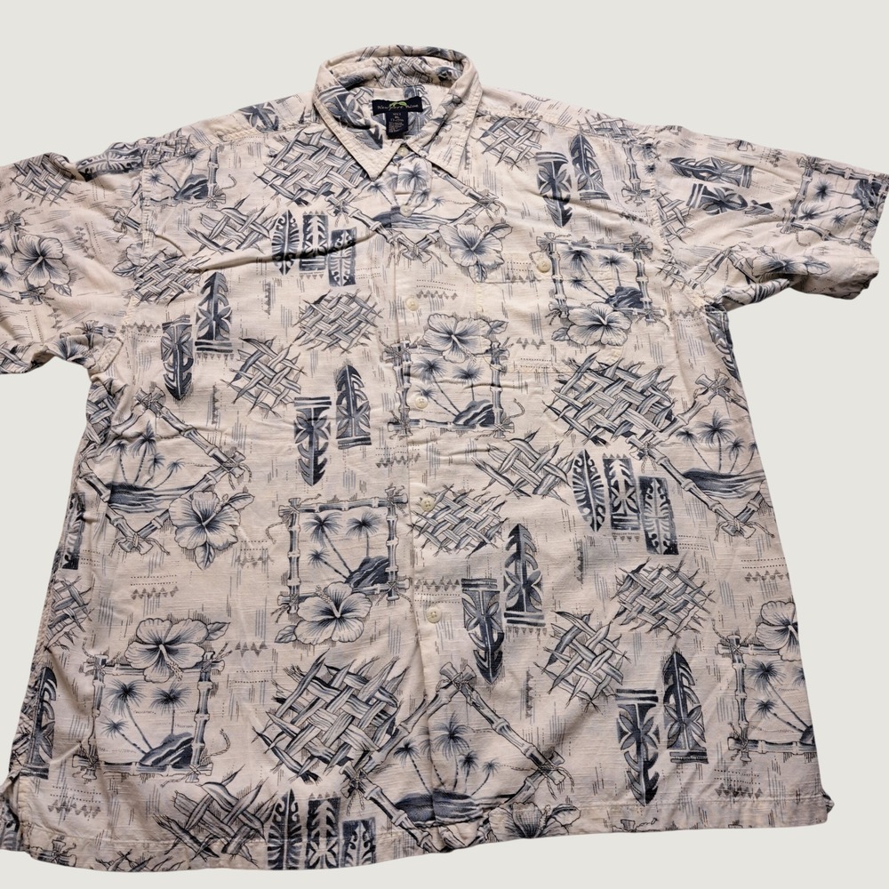 Newport Blue Hawaiian Shirt Mens XL Blue Cream Tiki Hibiscus Rayon